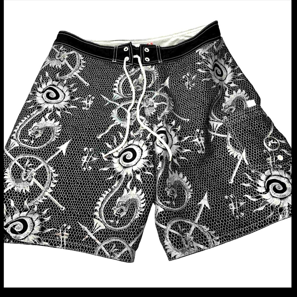 BLACK silver DRAGON tribal SWIM board SHORTS warrior Goth Men’s 34, Y2K NYLON Lg